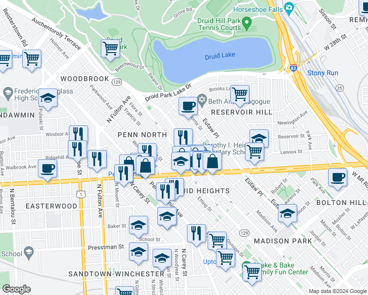 map of restaurants, bars, coffee shops, grocery stores, and more near 1210 Whitelock Street in Baltimore