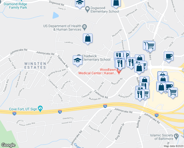 map of restaurants, bars, coffee shops, grocery stores, and more near 1912 Greengage Road in Woodlawn