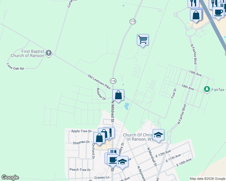 map of restaurants, bars, coffee shops, grocery stores, and more near 2328 North Mildred Street in Ranson
