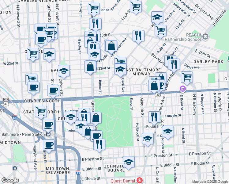 map of restaurants, bars, coffee shops, grocery stores, and more near 1900 Oakhill Avenue in Baltimore
