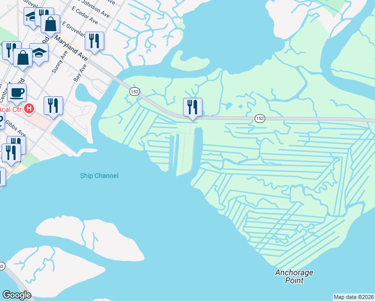 map of restaurants, bars, coffee shops, grocery stores, and more near 14 Point Drive in Somers Point
