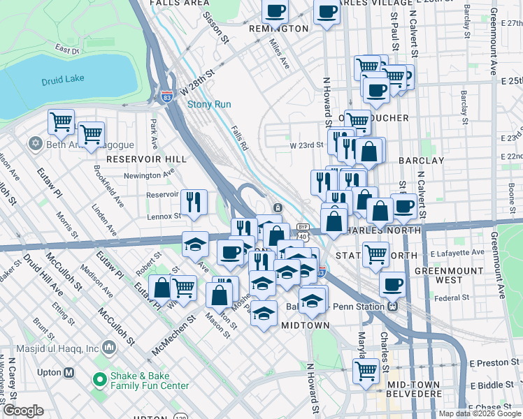 map of restaurants, bars, coffee shops, grocery stores, and more near 344 West North Avenue in Baltimore