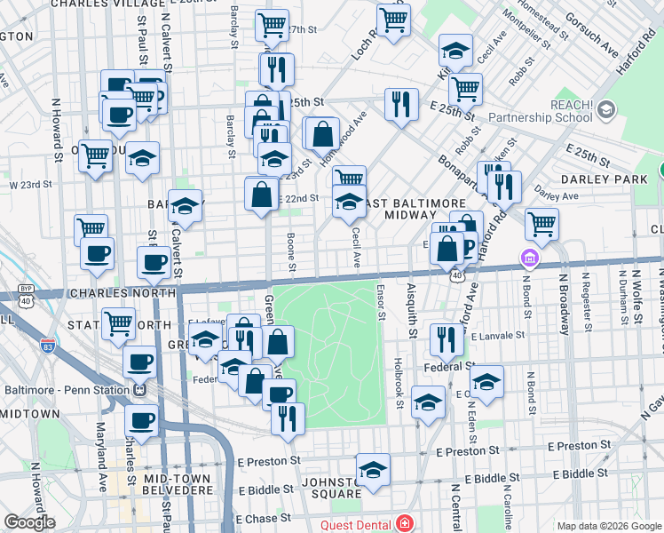 map of restaurants, bars, coffee shops, grocery stores, and more near 1900 Oakhill Avenue in Baltimore