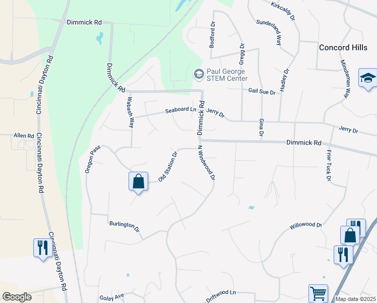 map of restaurants, bars, coffee shops, grocery stores, and more near 6831 Old Station Drive in Butler County