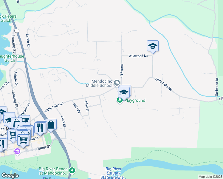 map of restaurants, bars, coffee shops, grocery stores, and more near Little Lake Road in Mendocino