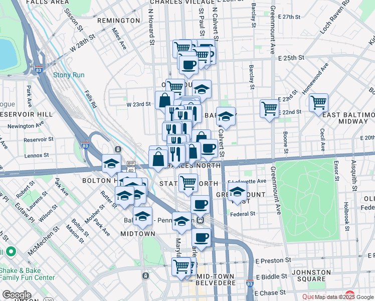map of restaurants, bars, coffee shops, grocery stores, and more near 1924 North Charles Street in Baltimore