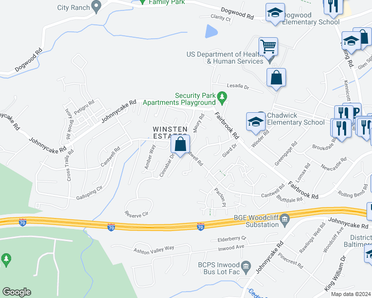 map of restaurants, bars, coffee shops, grocery stores, and more near 7501 Maury Road in Woodlawn