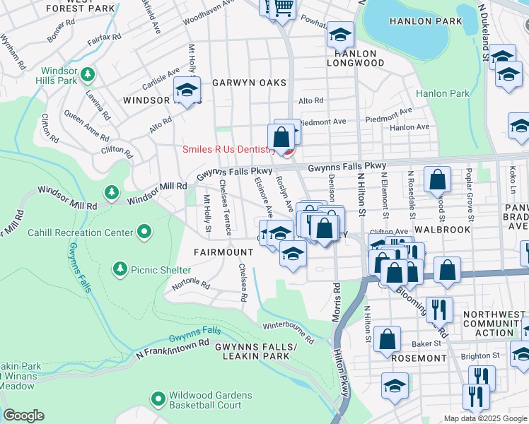 map of restaurants, bars, coffee shops, grocery stores, and more near 3603 Windsor Mill Road in Baltimore