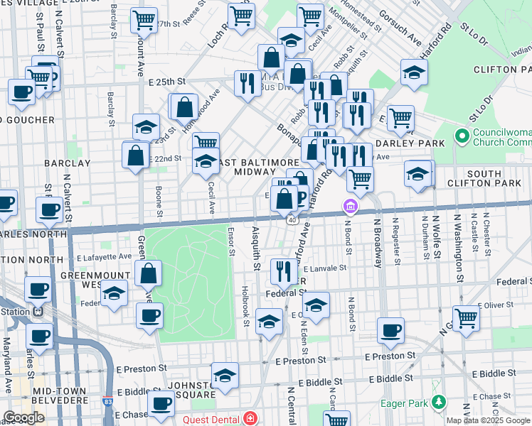 map of restaurants, bars, coffee shops, grocery stores, and more near 1222 East North Avenue in Baltimore