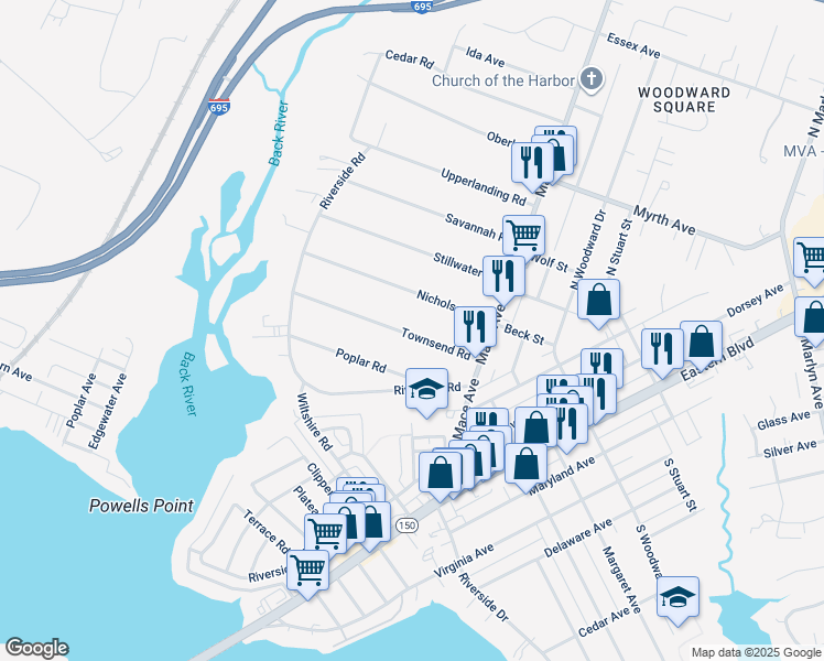 map of restaurants, bars, coffee shops, grocery stores, and more near 344 Townsend Rd in Essex