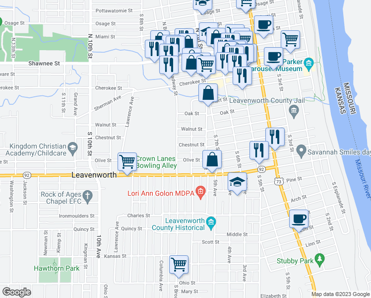 map of restaurants, bars, coffee shops, grocery stores, and more near 743 Chestnut Street in Leavenworth