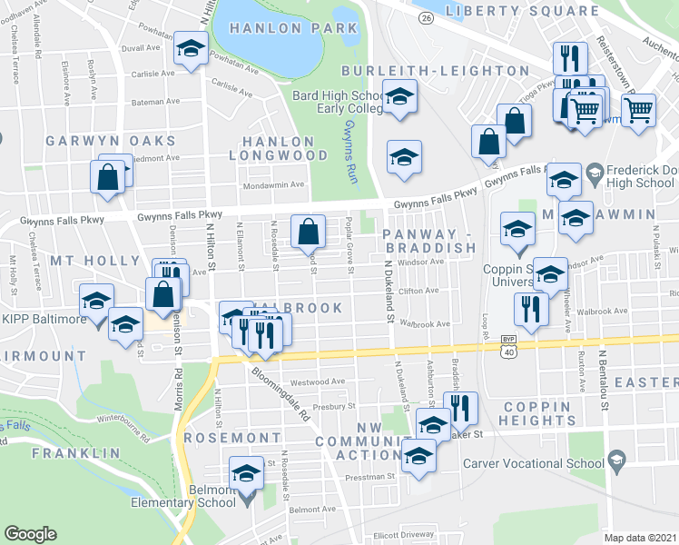 map of restaurants, bars, coffee shops, grocery stores, and more near 2903 Windsor Avenue in Baltimore