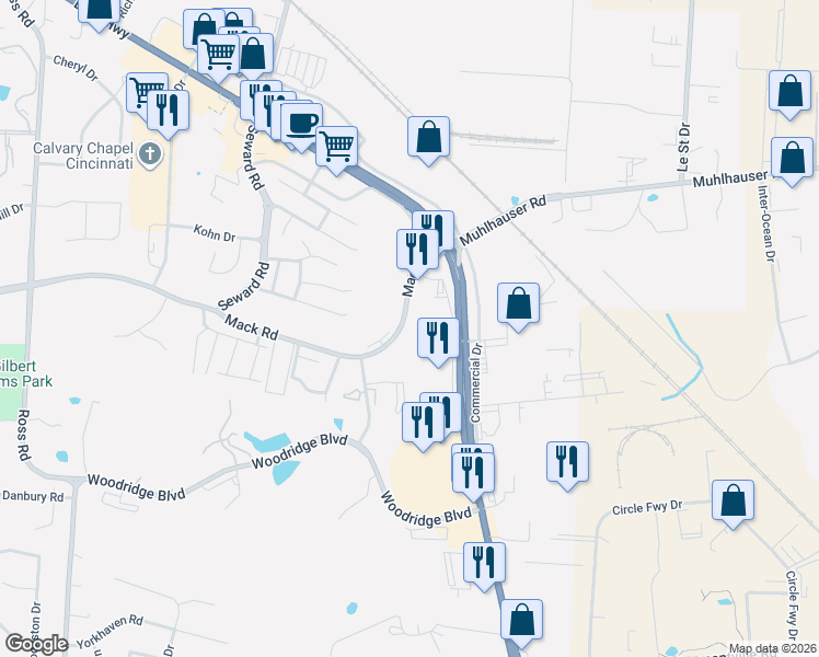 map of restaurants, bars, coffee shops, grocery stores, and more near 3921 Mack Road in Fairfield