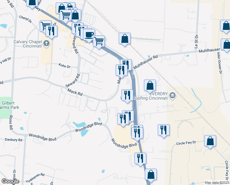 map of restaurants, bars, coffee shops, grocery stores, and more near 3900 Mack Road in Fairfield