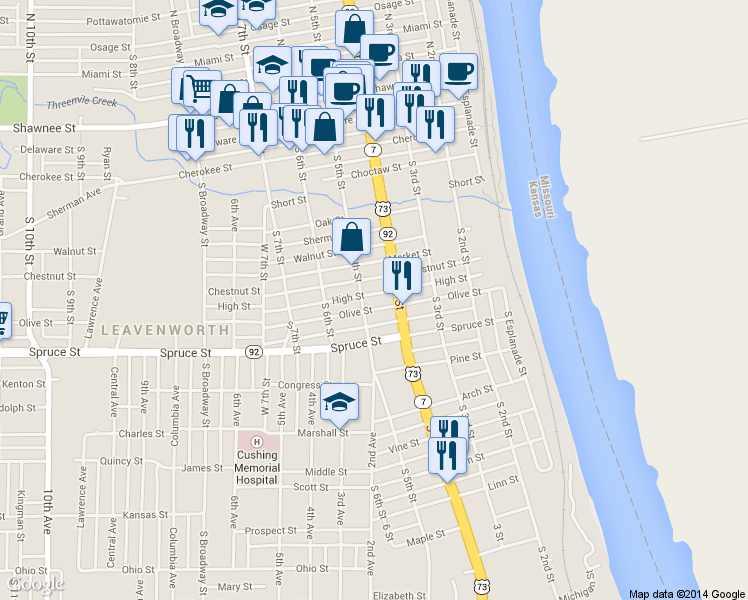 map of restaurants, bars, coffee shops, grocery stores, and more near 720 South 5th Street in Leavenworth