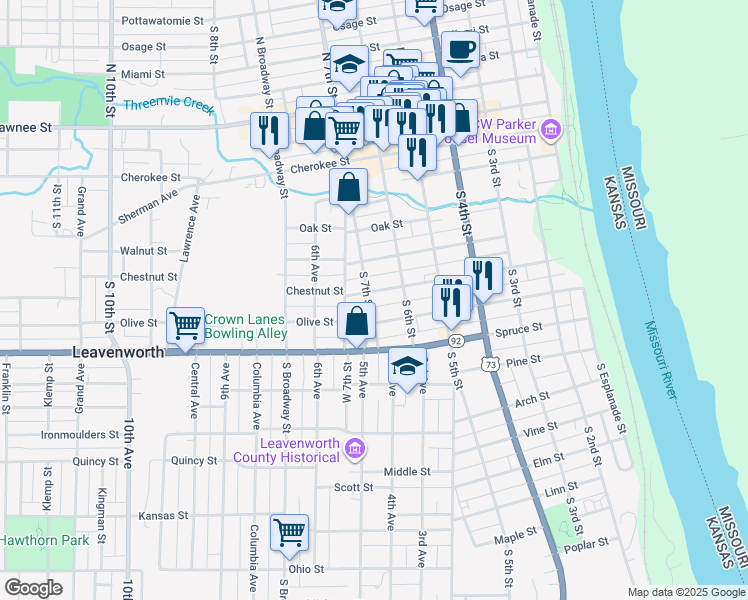 map of restaurants, bars, coffee shops, grocery stores, and more near 711 South 7th Street in Leavenworth