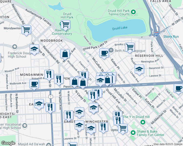 map of restaurants, bars, coffee shops, grocery stores, and more near 2437 Francis Street in Baltimore