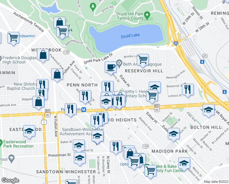 map of restaurants, bars, coffee shops, grocery stores, and more near 1113 Whitelock Street in Baltimore