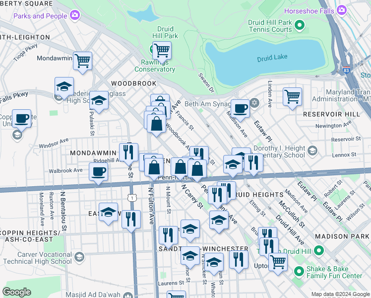 map of restaurants, bars, coffee shops, grocery stores, and more near 2512 Woodbrook Avenue in Baltimore