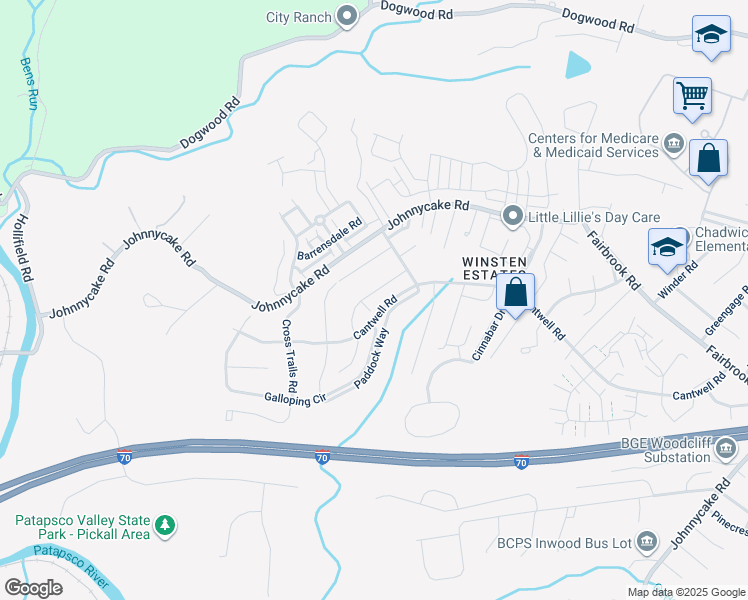 map of restaurants, bars, coffee shops, grocery stores, and more near 2213 Riding Crop Way in Woodlawn