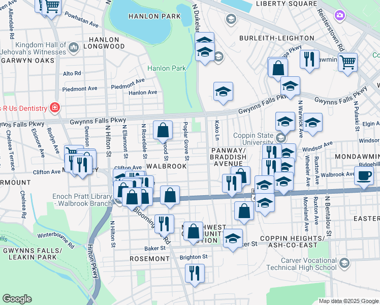 map of restaurants, bars, coffee shops, grocery stores, and more near 2109 Poplar Grove Street in Baltimore