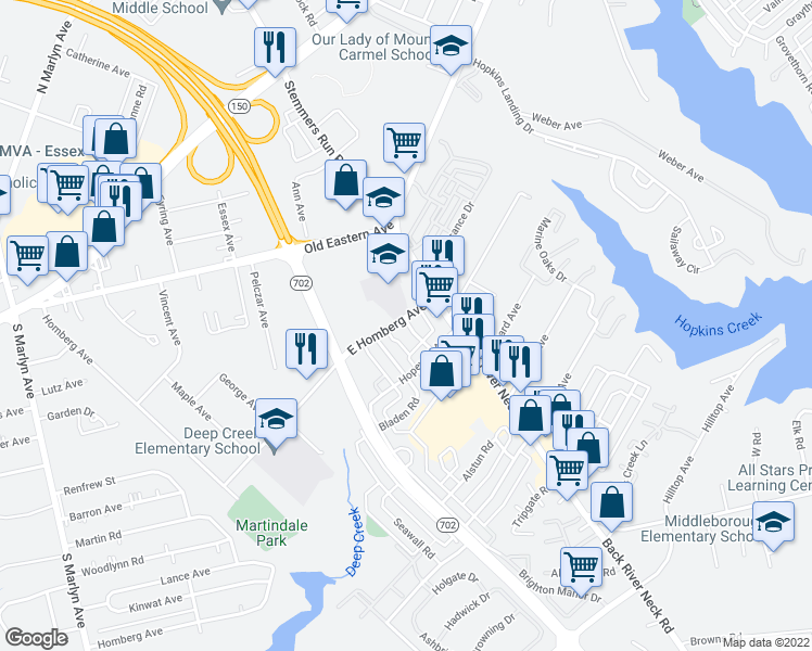 map of restaurants, bars, coffee shops, grocery stores, and more near 16 Haley Road in Essex