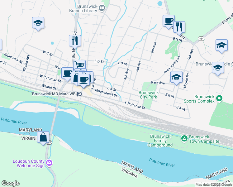 map of restaurants, bars, coffee shops, grocery stores, and more near 310 East A Street in Brunswick