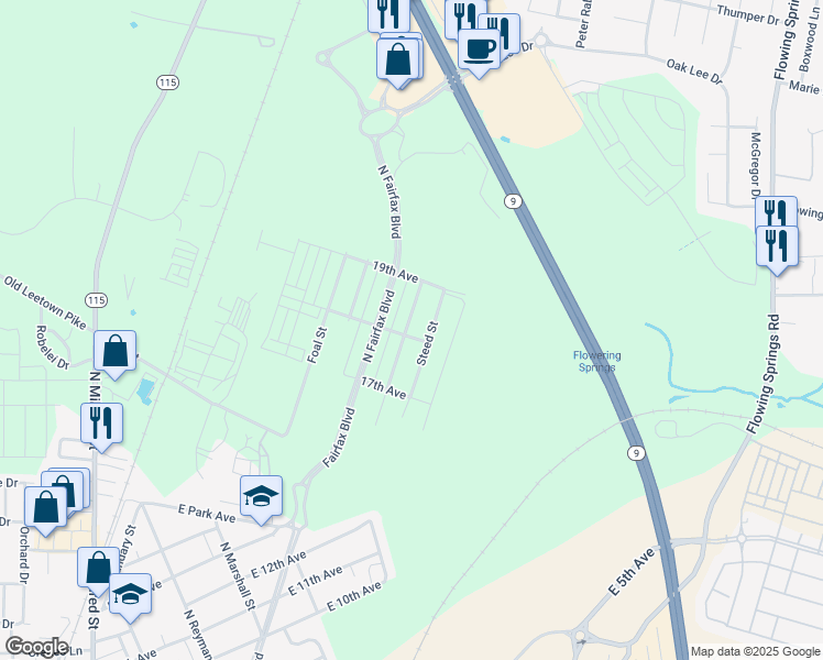 map of restaurants, bars, coffee shops, grocery stores, and more near 1308 Stallion Street in Ranson