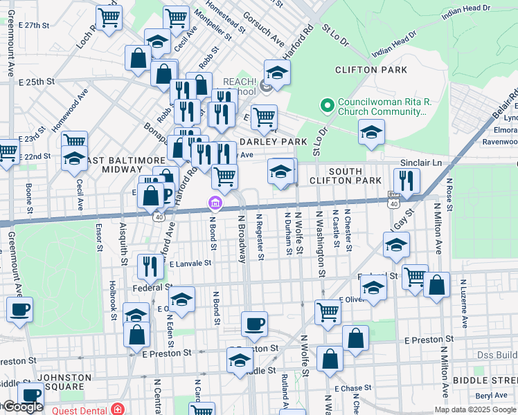 map of restaurants, bars, coffee shops, grocery stores, and more near East North Avenue & North Regester Street in Baltimore