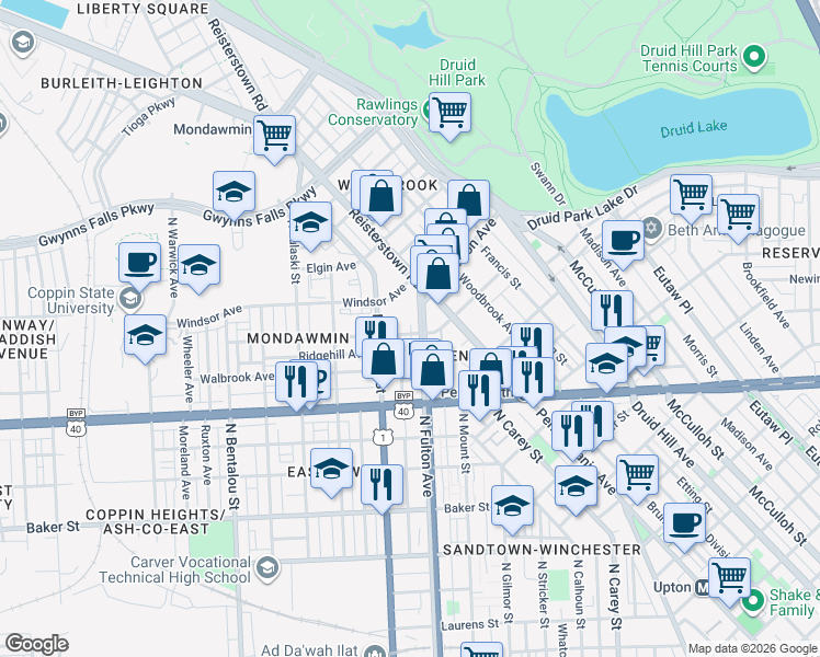 map of restaurants, bars, coffee shops, grocery stores, and more near 1800 Clifton Avenue in Baltimore