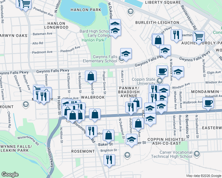 map of restaurants, bars, coffee shops, grocery stores, and more near 2819 Windsor Avenue in Baltimore