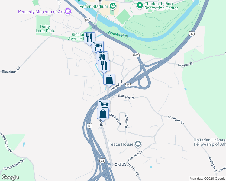 map of restaurants, bars, coffee shops, grocery stores, and more near 3 Hooper Street in Athens