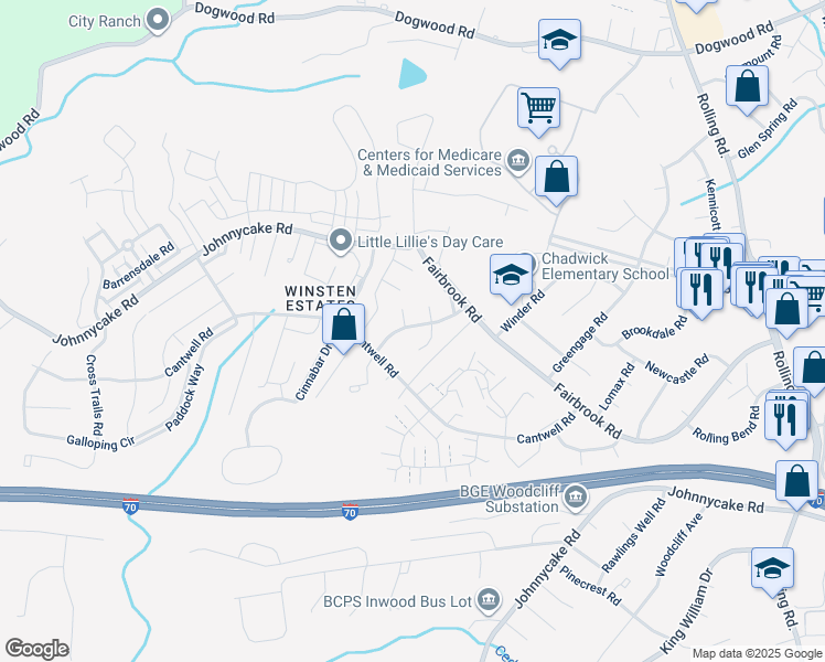 map of restaurants, bars, coffee shops, grocery stores, and more near 1617 Winding Brook Way in Woodlawn
