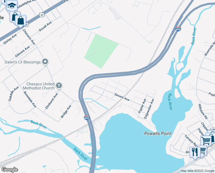 map of restaurants, bars, coffee shops, grocery stores, and more near 525 Patuxent Avenue in Rosedale