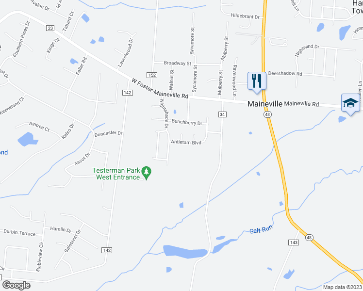 map of restaurants, bars, coffee shops, grocery stores, and more near 505 Antietam Boulevard in Maineville