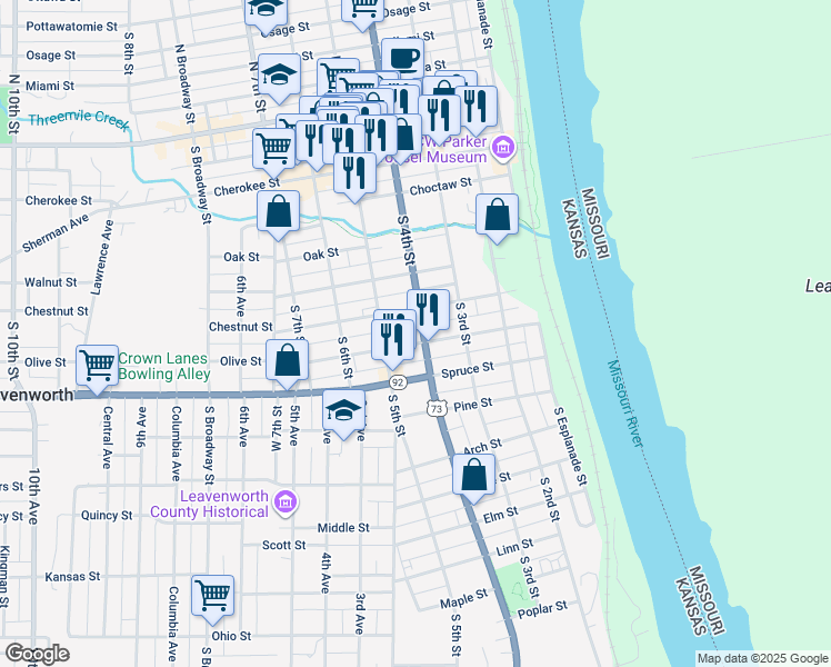 map of restaurants, bars, coffee shops, grocery stores, and more near 716 South 4th Street in Leavenworth