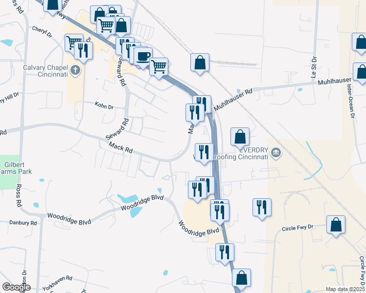 map of restaurants, bars, coffee shops, grocery stores, and more near 3900 Mack Road in Fairfield