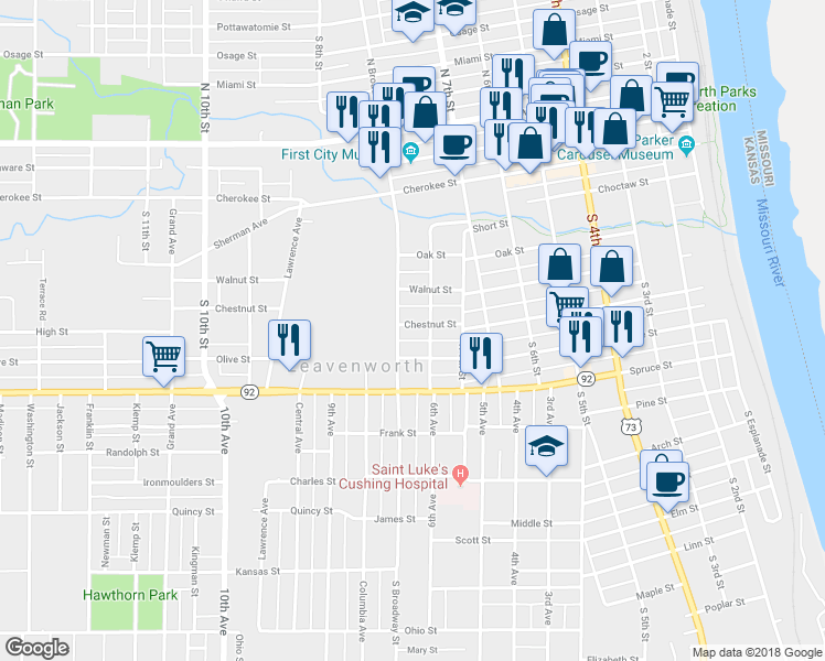 map of restaurants, bars, coffee shops, grocery stores, and more near 743 Chestnut Street in Leavenworth