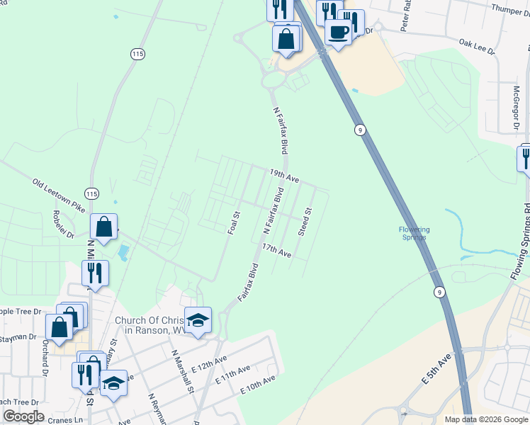 map of restaurants, bars, coffee shops, grocery stores, and more near 1257 North Fairfax Boulevard in Ranson