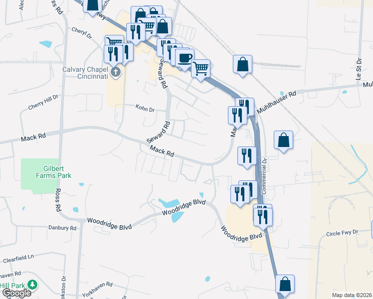 map of restaurants, bars, coffee shops, grocery stores, and more near 3812 Mack Road in Fairfield