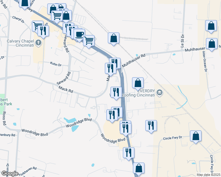 map of restaurants, bars, coffee shops, grocery stores, and more near 3921 Mack Road in Fairfield