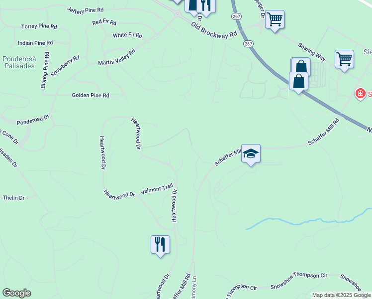 map of restaurants, bars, coffee shops, grocery stores, and more near 9885 Meadow View Place in Truckee