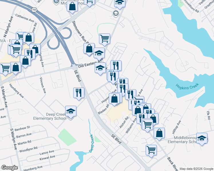 map of restaurants, bars, coffee shops, grocery stores, and more near 3 Haley Road in Essex