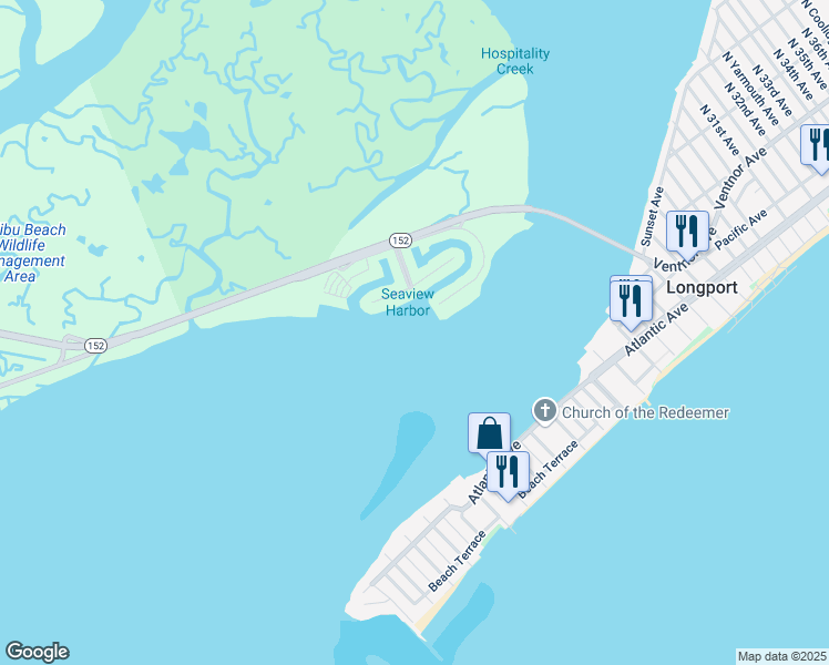 map of restaurants, bars, coffee shops, grocery stores, and more near 42 Seaview Drive in Longport