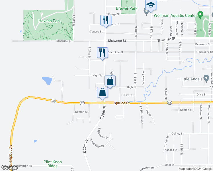 map of restaurants, bars, coffee shops, grocery stores, and more near 723 South 20 Street in Leavenworth