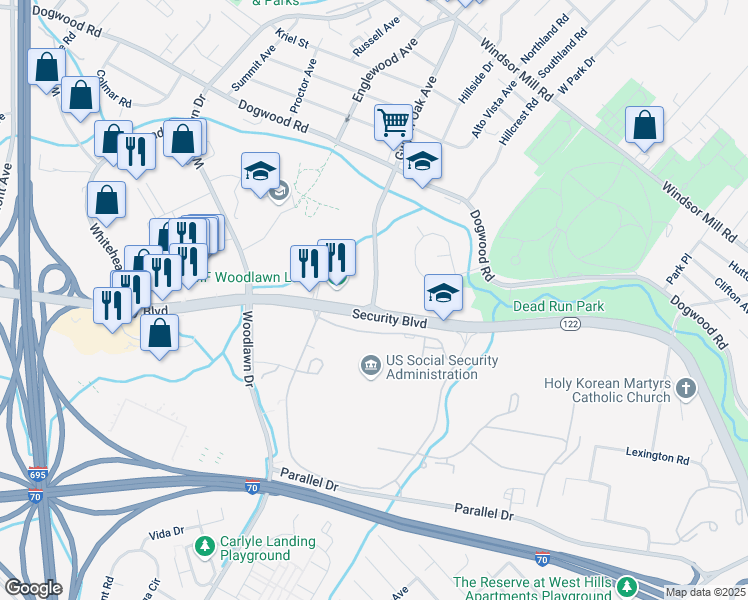 map of restaurants, bars, coffee shops, grocery stores, and more near 1710 Gwynn Oak Avenue in Woodlawn