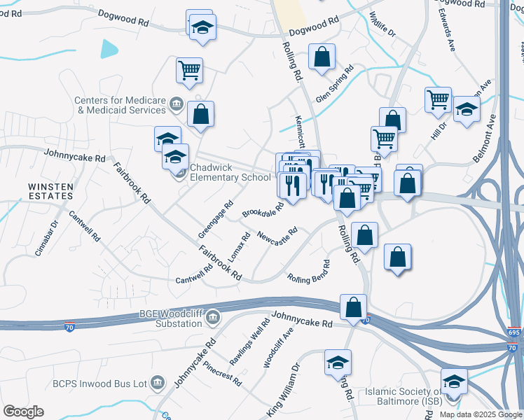 map of restaurants, bars, coffee shops, grocery stores, and more near 1922 Brookdale Road in Woodlawn