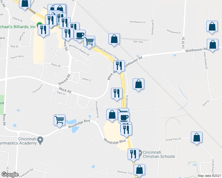 map of restaurants, bars, coffee shops, grocery stores, and more near 3921 Mack Road in Fairfield
