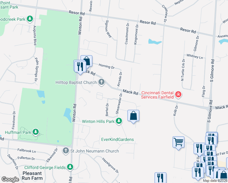 map of restaurants, bars, coffee shops, grocery stores, and more near 2466 Windage Drive in Fairfield