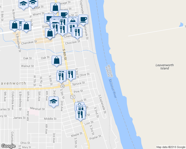map of restaurants, bars, coffee shops, grocery stores, and more near 818 South Esplanade Street in Leavenworth